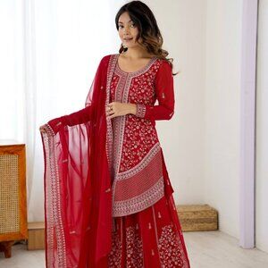 Red Faux Georgette Embroidery with Sequin & Thread Detailing Ready to wear suit